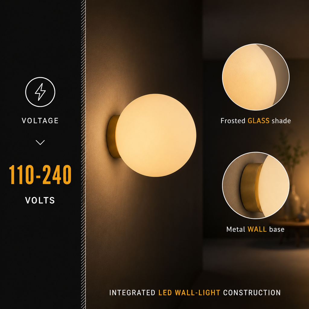 Technical graphic shows a lit round wall sconce with voltage and side-view details.