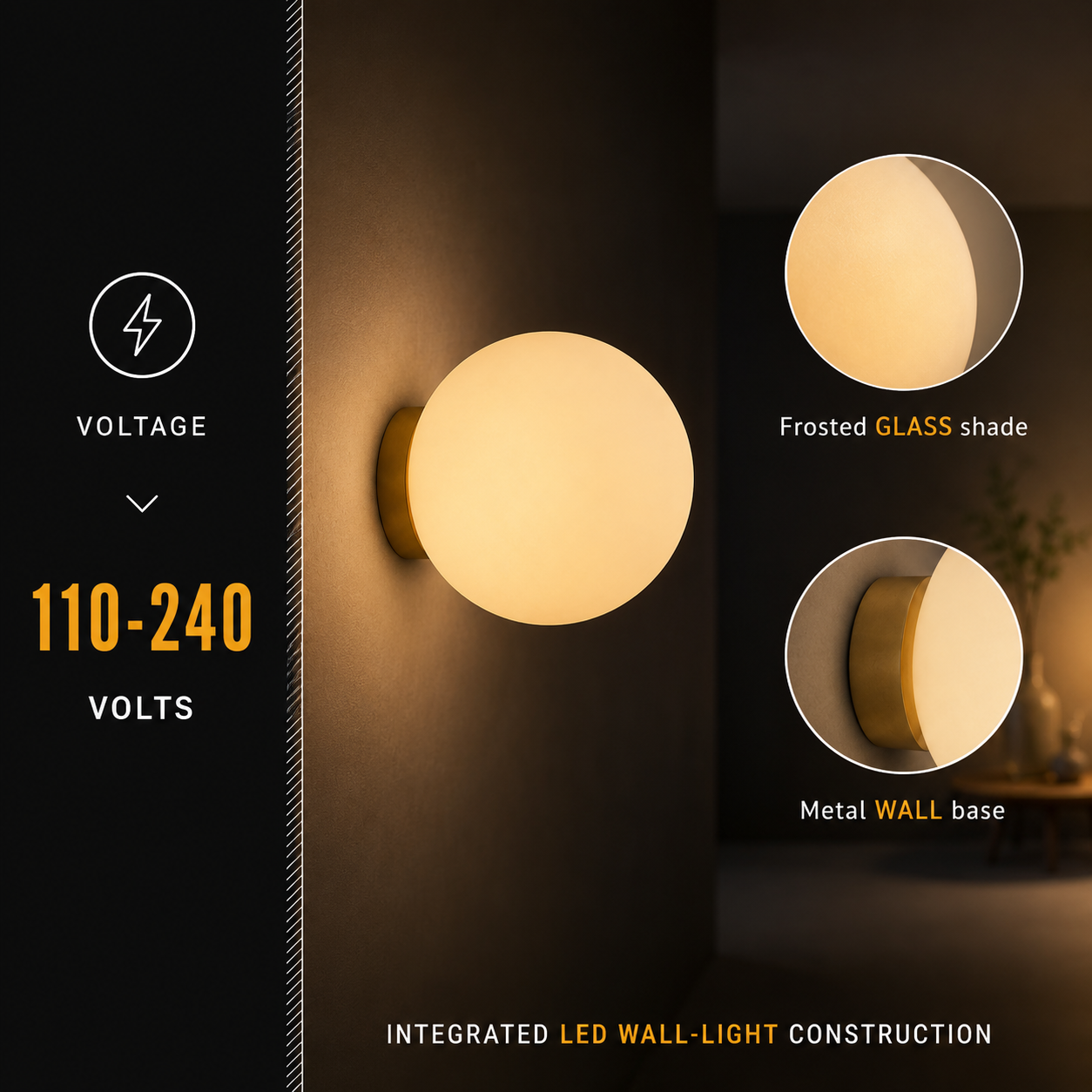Technical graphic shows a lit round wall sconce with voltage and side-view details.
