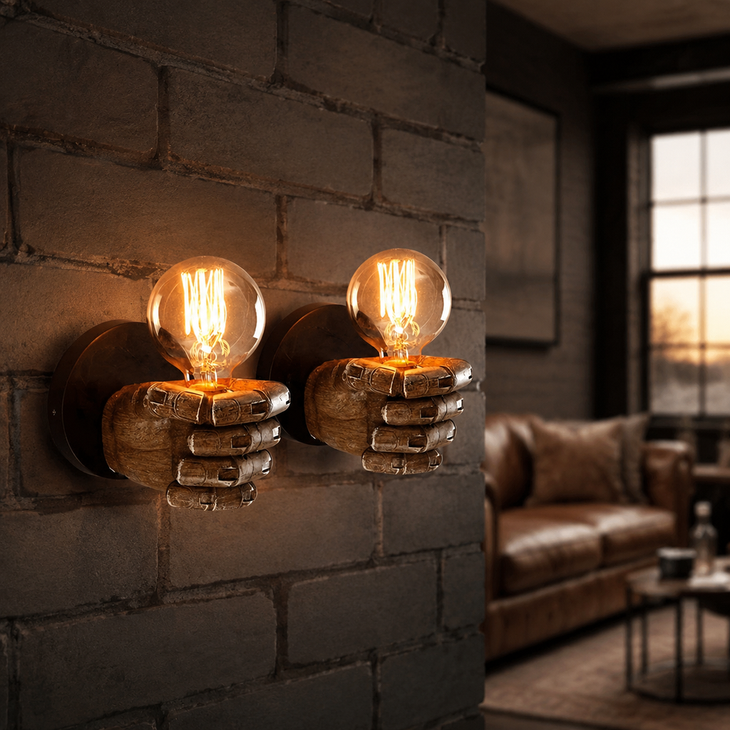 Pair of sculptural resin hand wall sconces with glowing exposed bulbs.