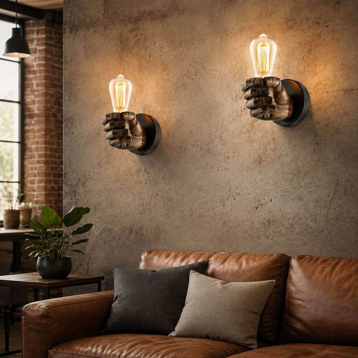 Two sculptural hand wall sconces in an American industrial living room.