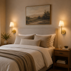Pair of illuminated gold wall sconces mounted beside a bed in a warm bedroom.