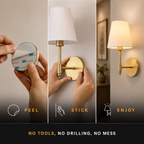 Gold cordless wall sconce installation steps showing peel, stick, and use.