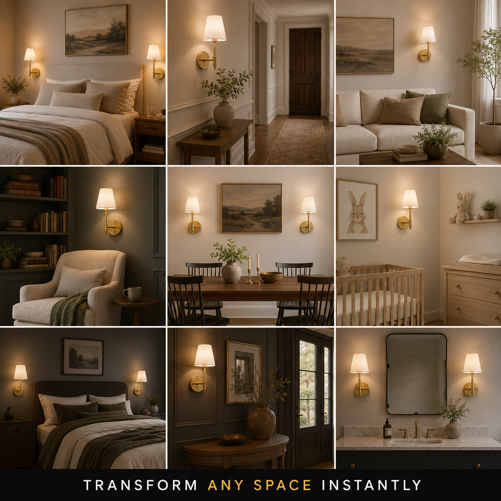 Gold wall sconces displayed in multiple bedroom and living room settings.
