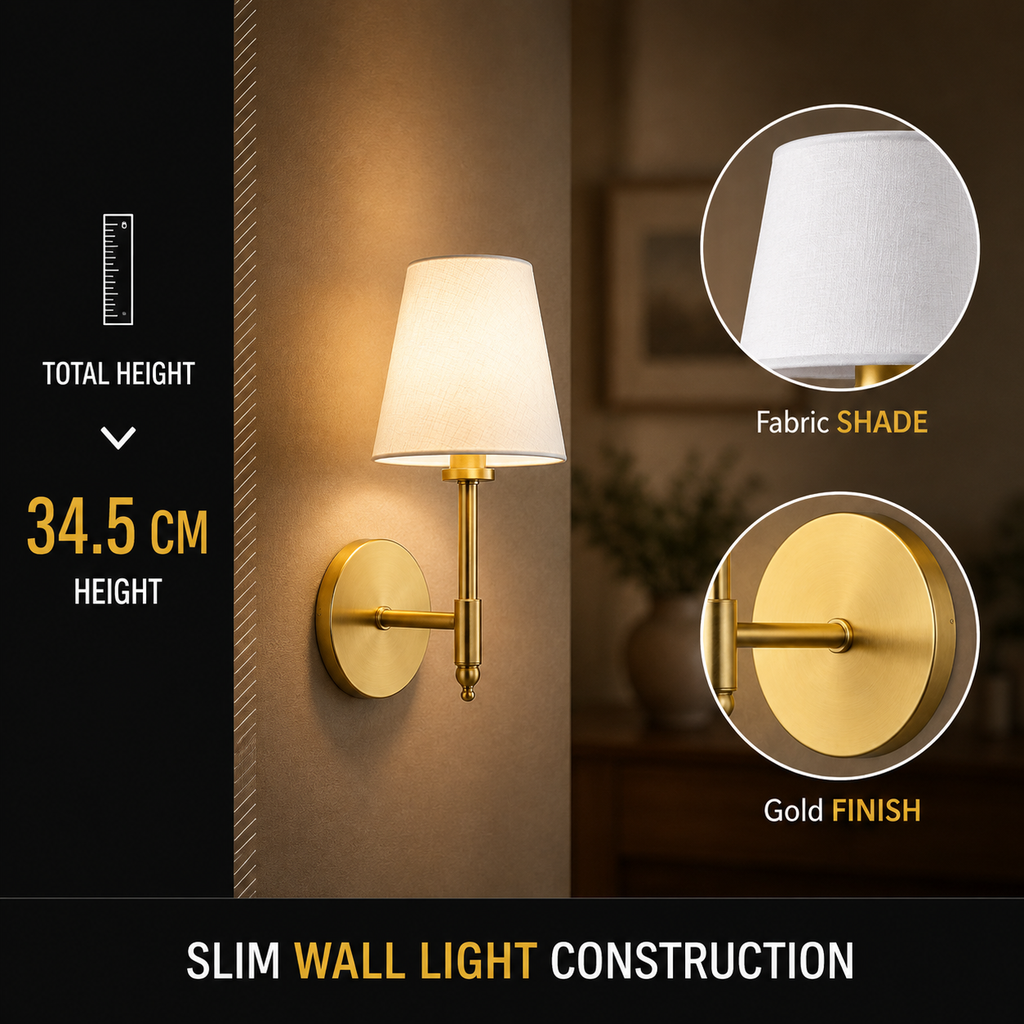 Gold wall sconce close-up highlighting its slim wall-mounted construction.