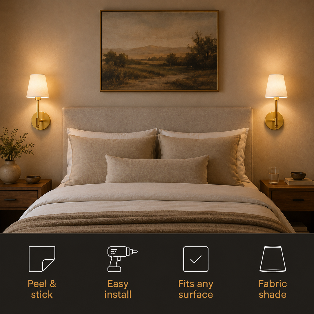 Pair of illuminated gold wall sconces beside a bed with installation feature icons.