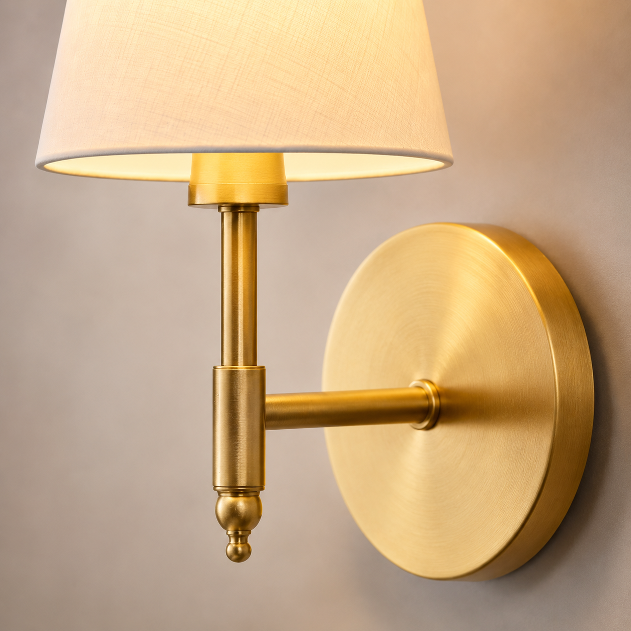 Close-up of an illuminated gold wall sconce with a white fabric shade.