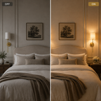Wall sconce shown switched off and illuminated side by side for comparison.