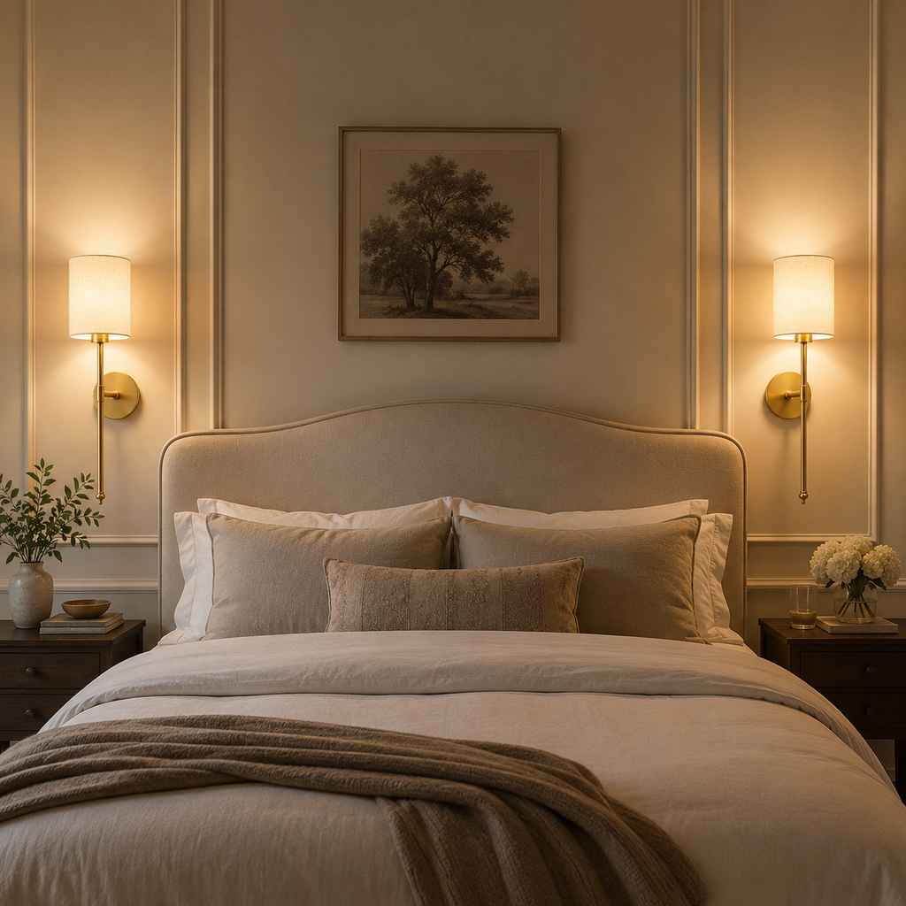 Wireless wall sconces mounted beside a bed in a softly illuminated bedroom.