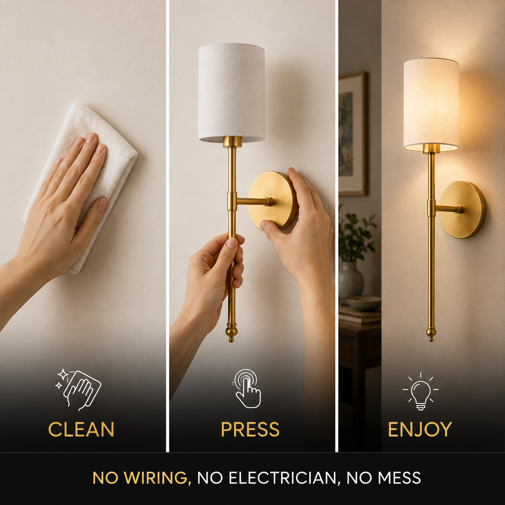 Wall sconce setup graphic showing surface cleaning, adhesive mounting, and bulb installation.