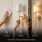 Wall sconce setup graphic showing surface cleaning, adhesive mounting, and bulb installation.