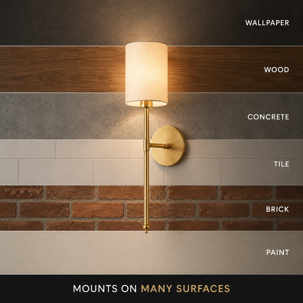 Wall sconce mounting graphic showing adhesive pad and screw installation options.