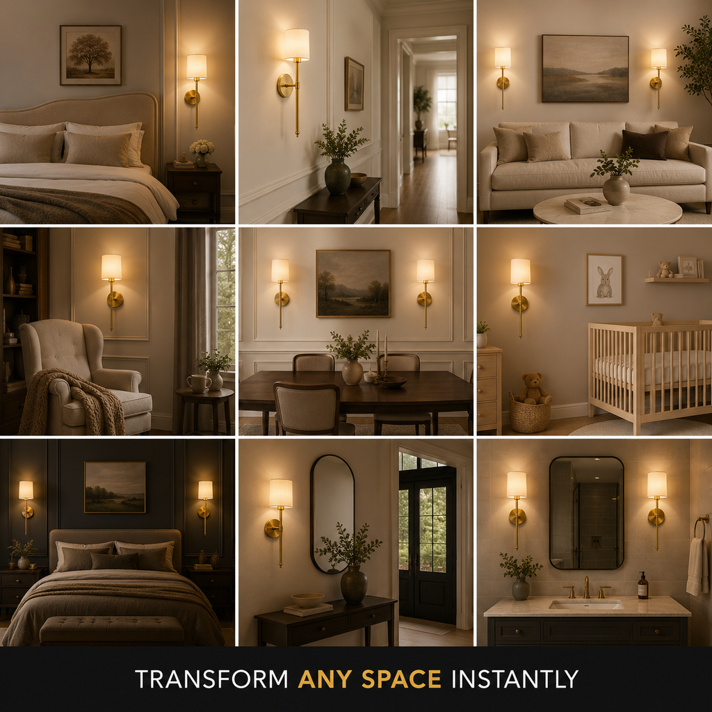 Wireless wall sconce displayed across nine bedroom and living room settings.