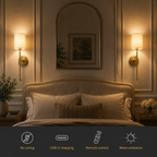 Wireless wall sconce in a styled room with a row of lighting feature icons.