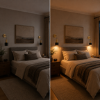 Bedroom comparison showing the wall sconces switched off and on.