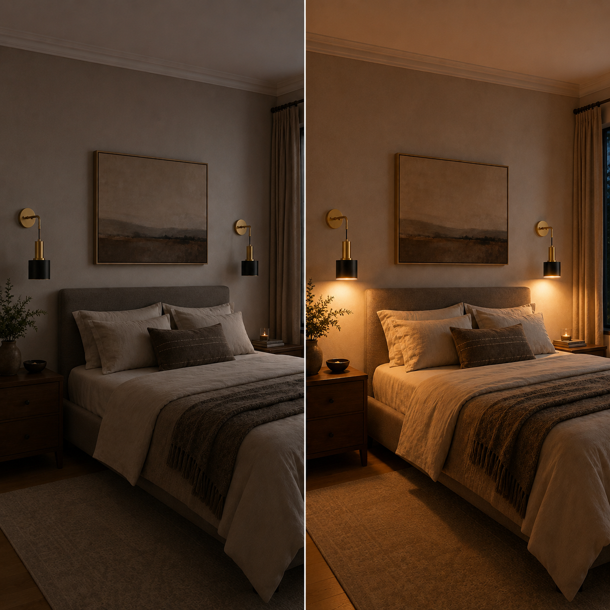 Bedroom comparison showing the wall sconces switched off and on.