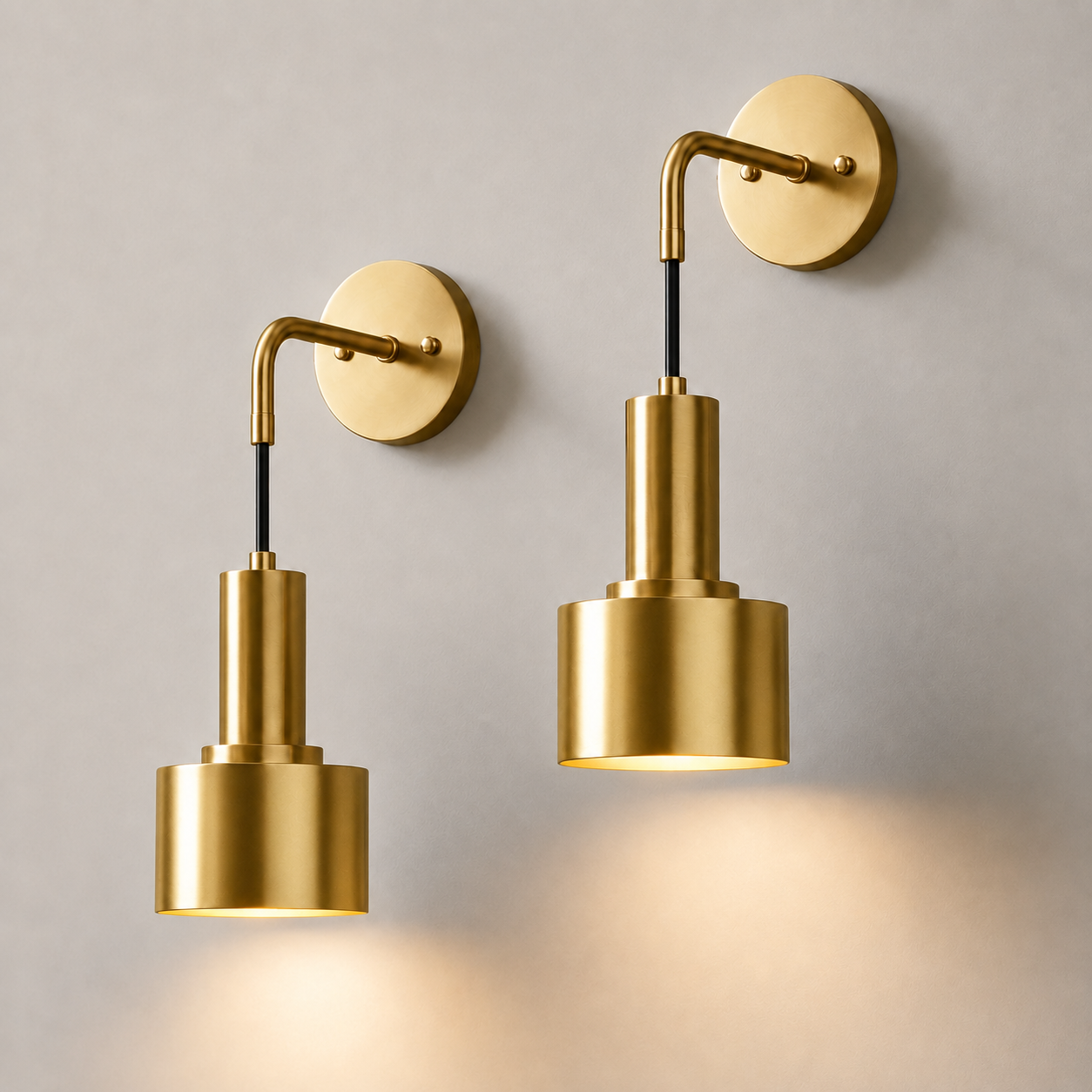 Pair of all-gold wall sconces with cylindrical shades, illuminated against a neutral wall.