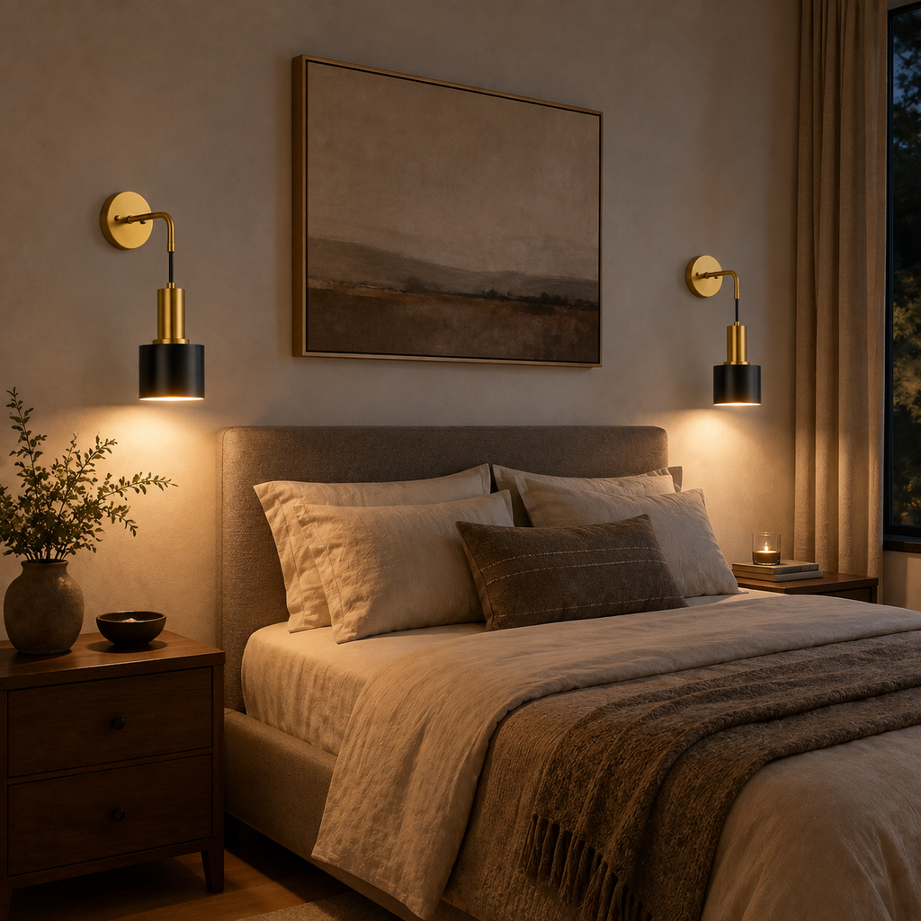 Two illuminated gold and black wall sconces mounted beside a bed in a warm bedroom.