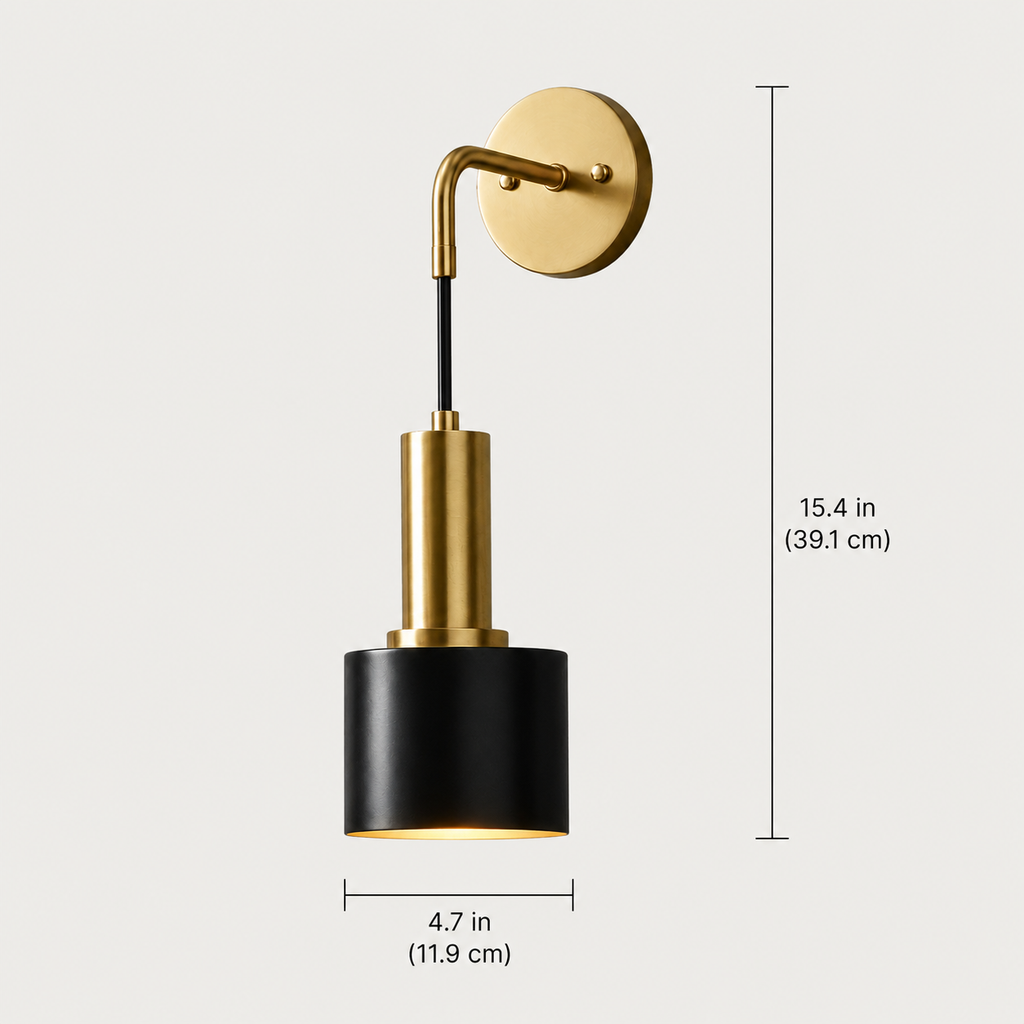 Gold and black wall sconce shown with height and shade-width dimensions.