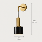 Gold and black wall sconce shown with height and shade-width dimensions.