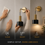 Cordless wall sconce installation steps showing clean, mount, and enjoy.