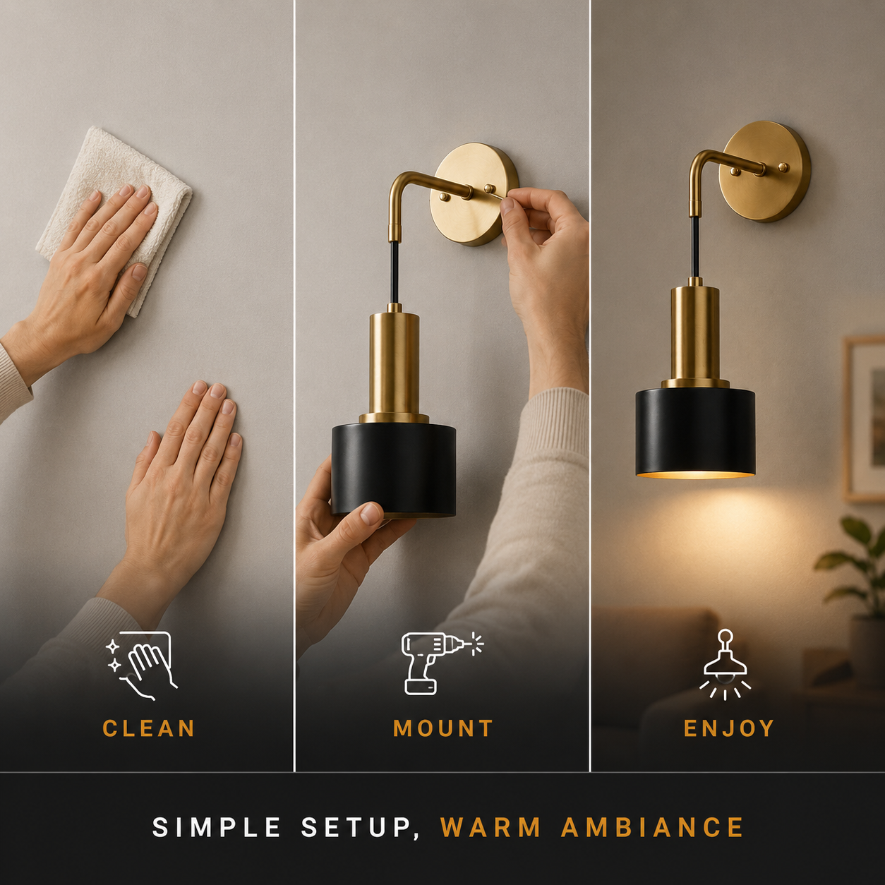 Cordless wall sconce installation steps showing clean, mount, and enjoy.