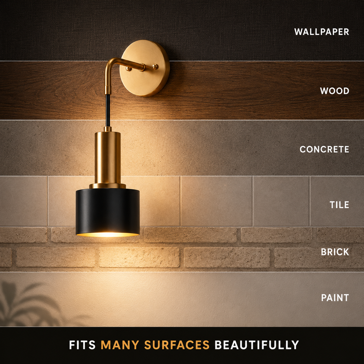 Gold and black wall sconce displayed on wallpaper, wood, concrete, tile, brick, and painted surfaces.