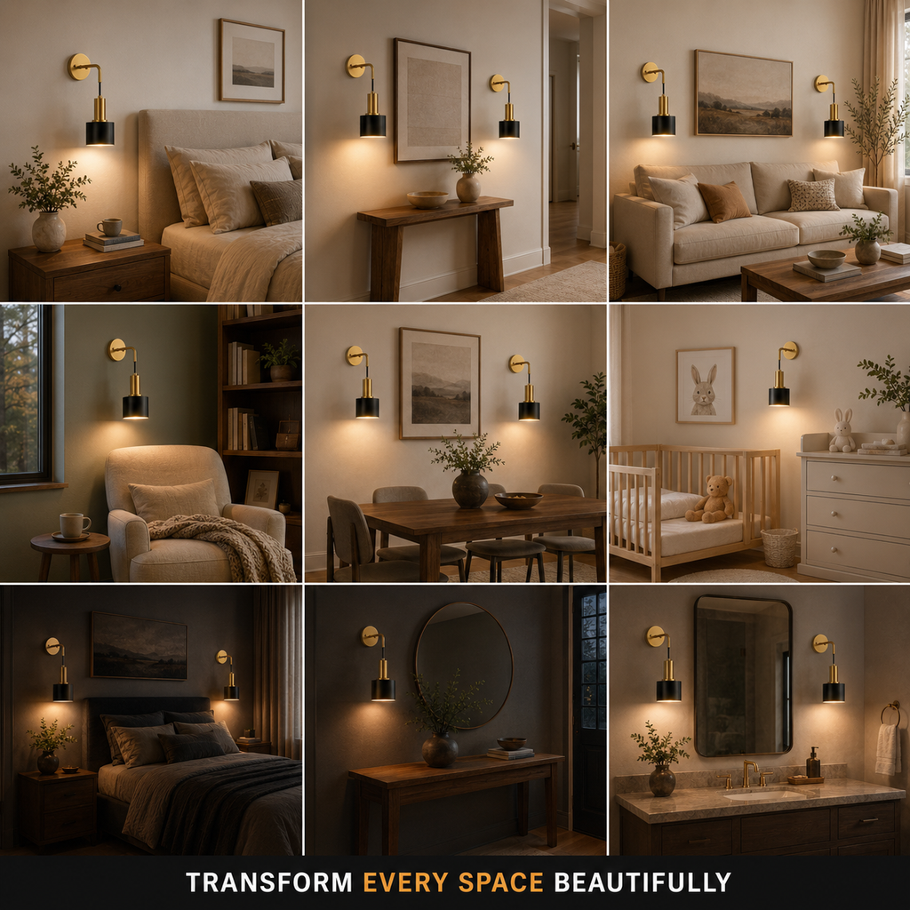 Gold and black wall sconces displayed in multiple bedroom and living room settings.
