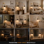 Gold and black wall sconces displayed in multiple bedroom and living room settings.