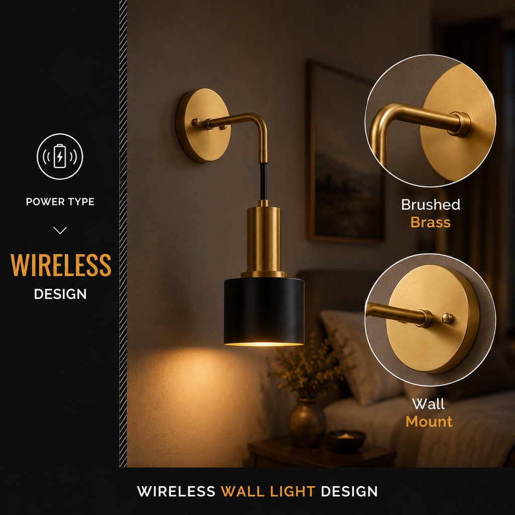 Gold and black wireless wall sconce highlighting the brushed brass finish and adhesive mounting plate.