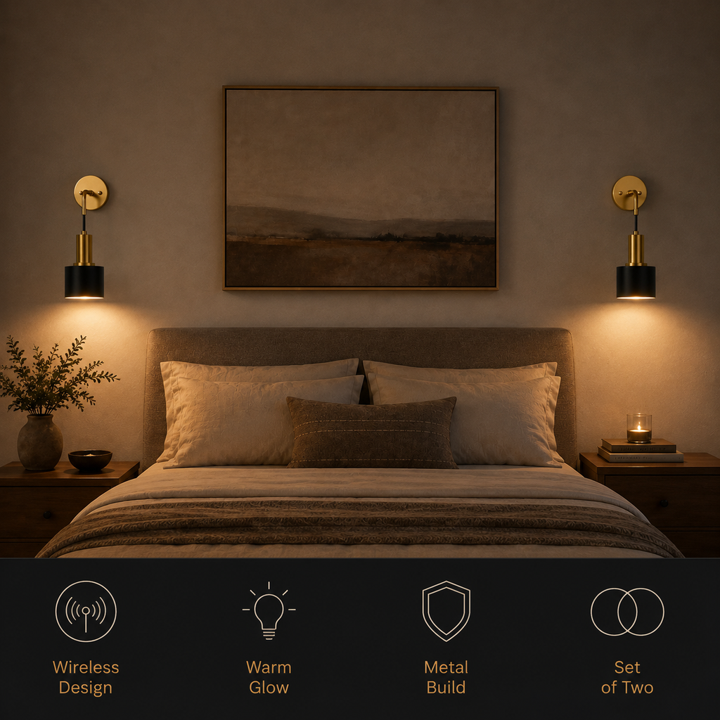 Pair of illuminated gold and black wall sconces beside a bed with product feature icons.