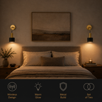 Pair of illuminated gold and black wall sconces beside a bed with product feature icons.