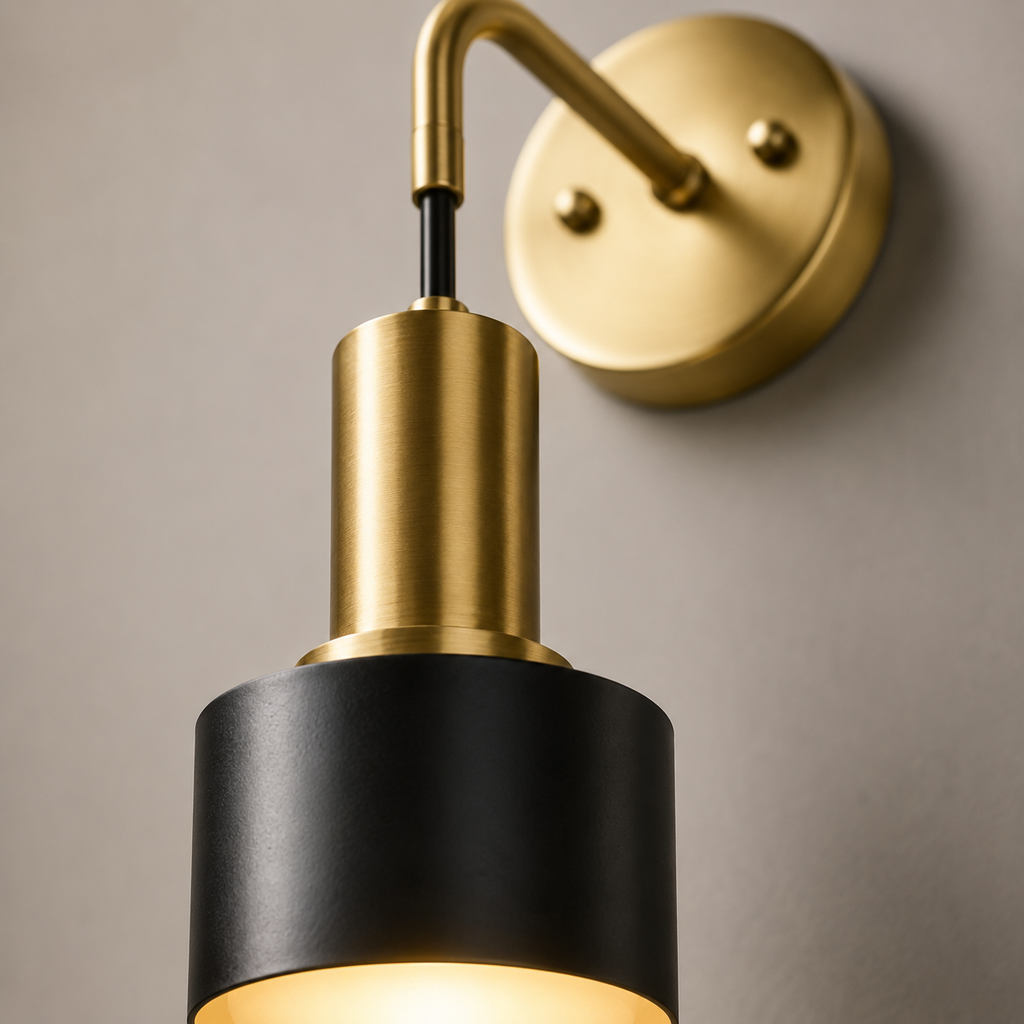Close-up of a gold wall sconce with a black cylindrical downward-facing shade.