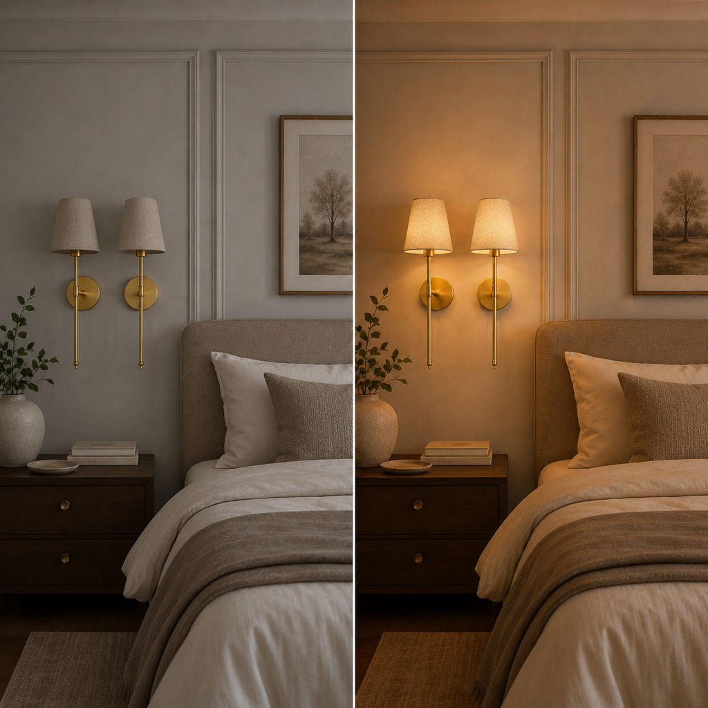 Wall sconce shown switched off and illuminated side by side for comparison.