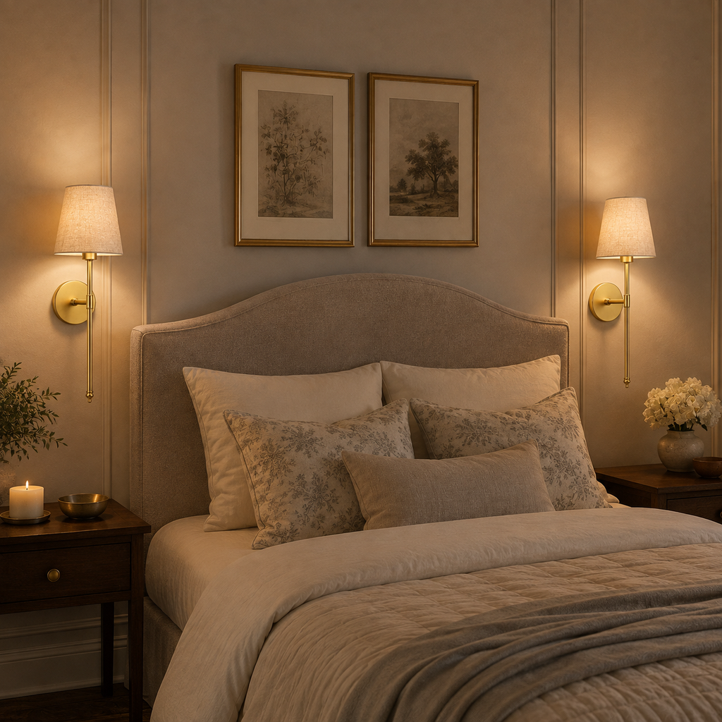 Two wireless wall sconces mounted beside a bed in a softly illuminated bedroom.