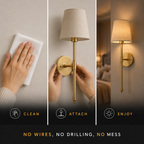 Wall sconce setup graphic showing surface cleaning, adhesive mounting, and bulb installation.