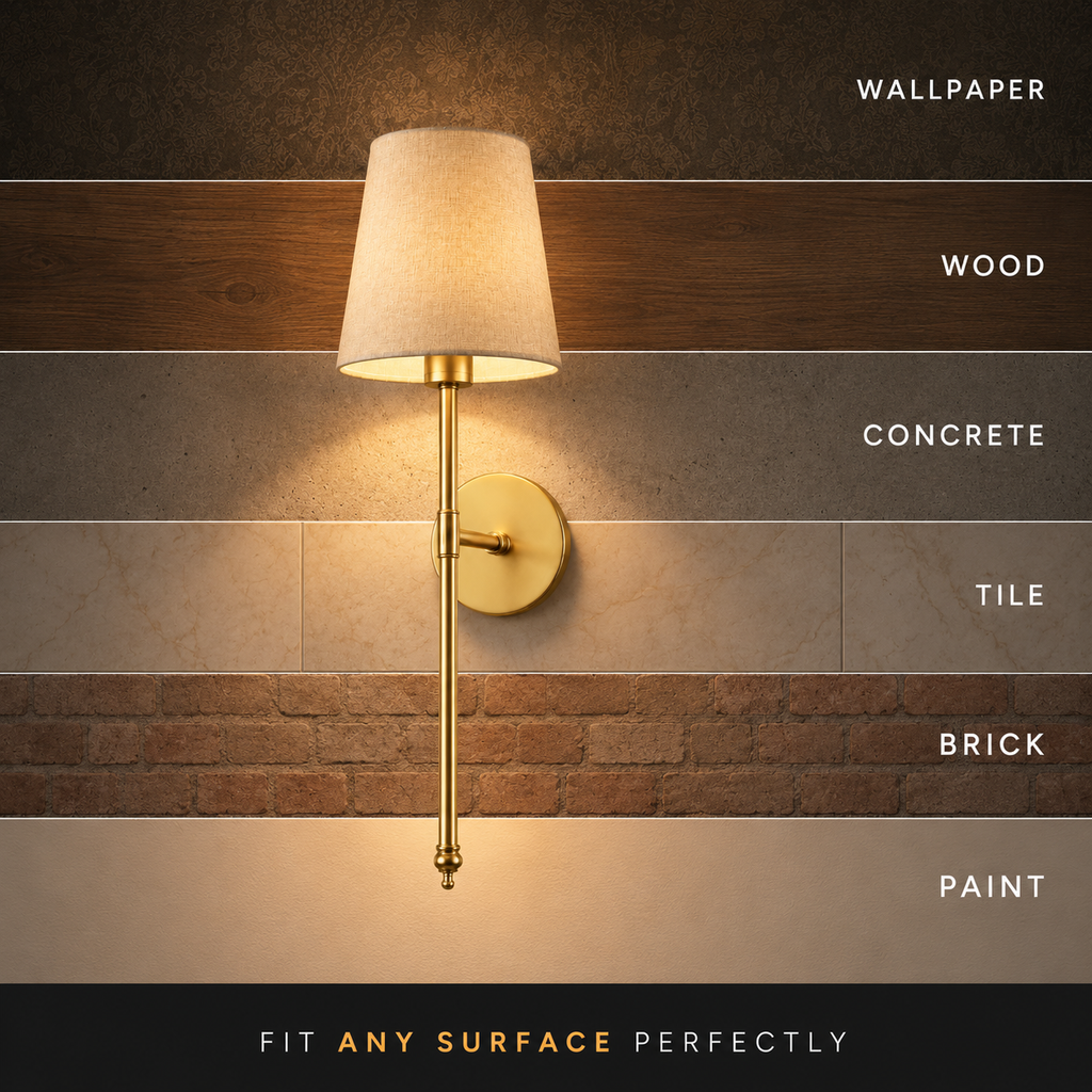 Wall sconce mounting graphic showing adhesive pad and screw installation options.