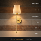 Wall sconce mounting graphic showing adhesive pad and screw installation options.