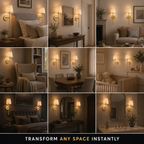 Wireless wall sconce displayed across nine bedroom and living room settings.