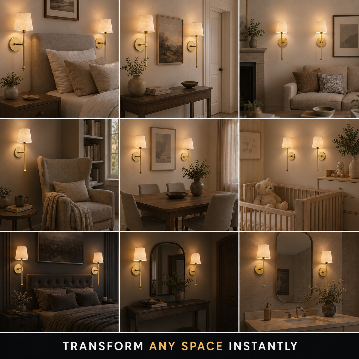Wireless wall sconce displayed across nine bedroom and living room settings.