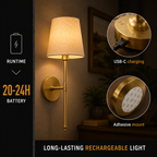 Wall sconce technical graphic showing USB C charging and bulb specifications.