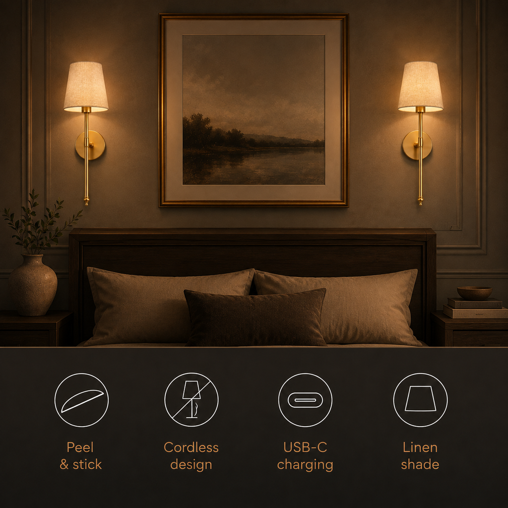 Wireless wall sconce in a styled room with a row of lighting feature icons.