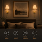 Wireless wall sconce in a styled room with a row of lighting feature icons.
