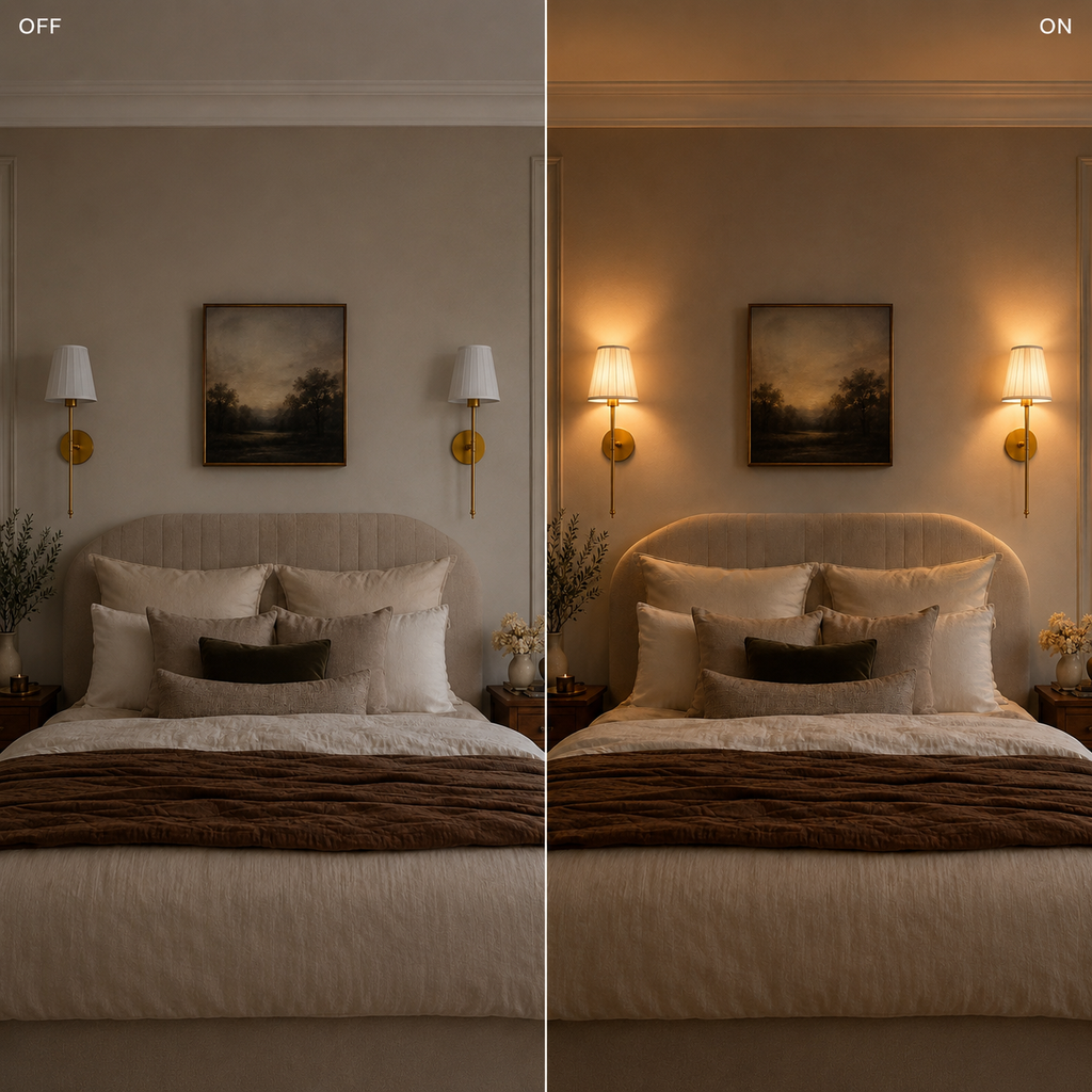 Bedroom comparison showing gold wall sconces switched off and on.