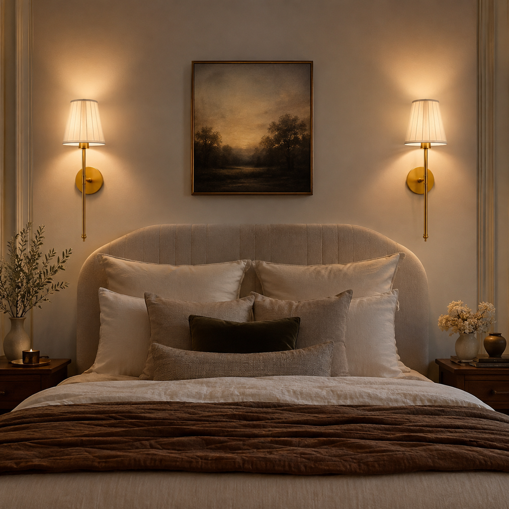 Two illuminated gold wall sconces with pleated white shades mounted beside a bed.