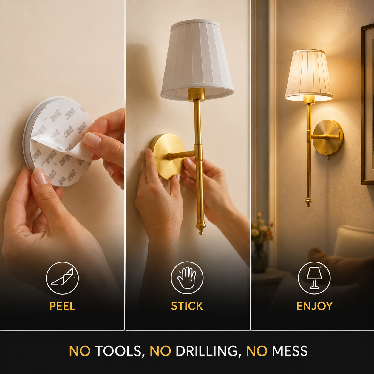 Gold cordless wall sconce installation steps showing peel, stick, and use.