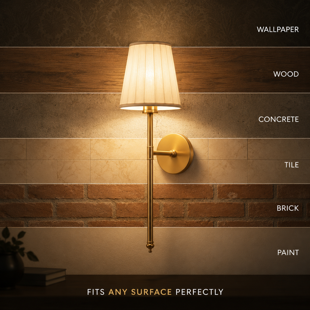 Gold wall sconce displayed on wallpaper, wood, concrete, tile, brick, and painted surfaces.