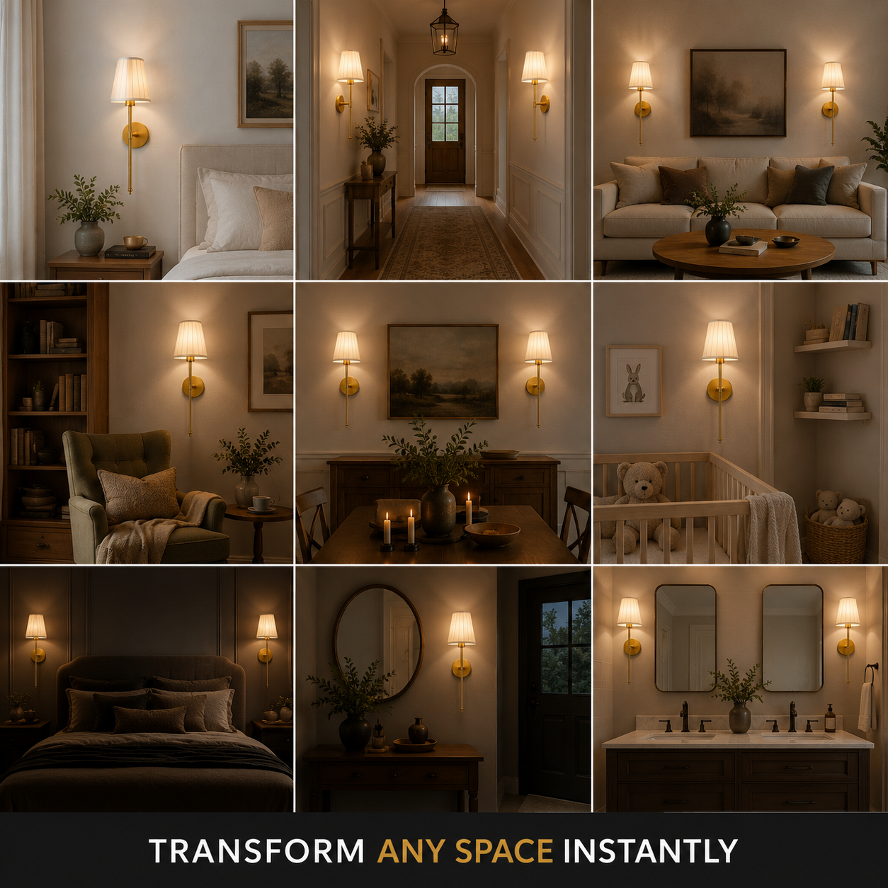 Gold wall sconces shown in multiple bedroom, hallway, and living room settings.