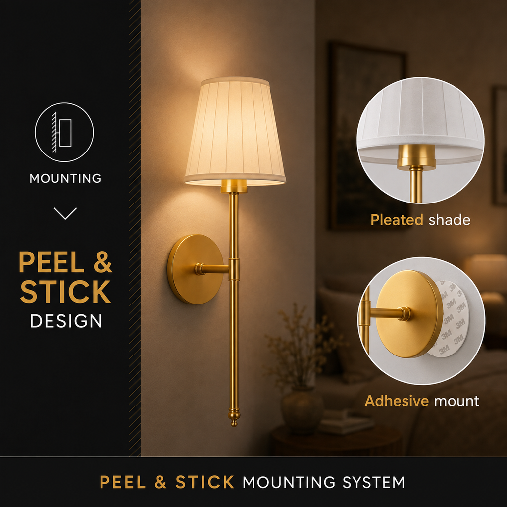Gold wall sconce highlighting the peel-and-stick mounting system and pleated shade.