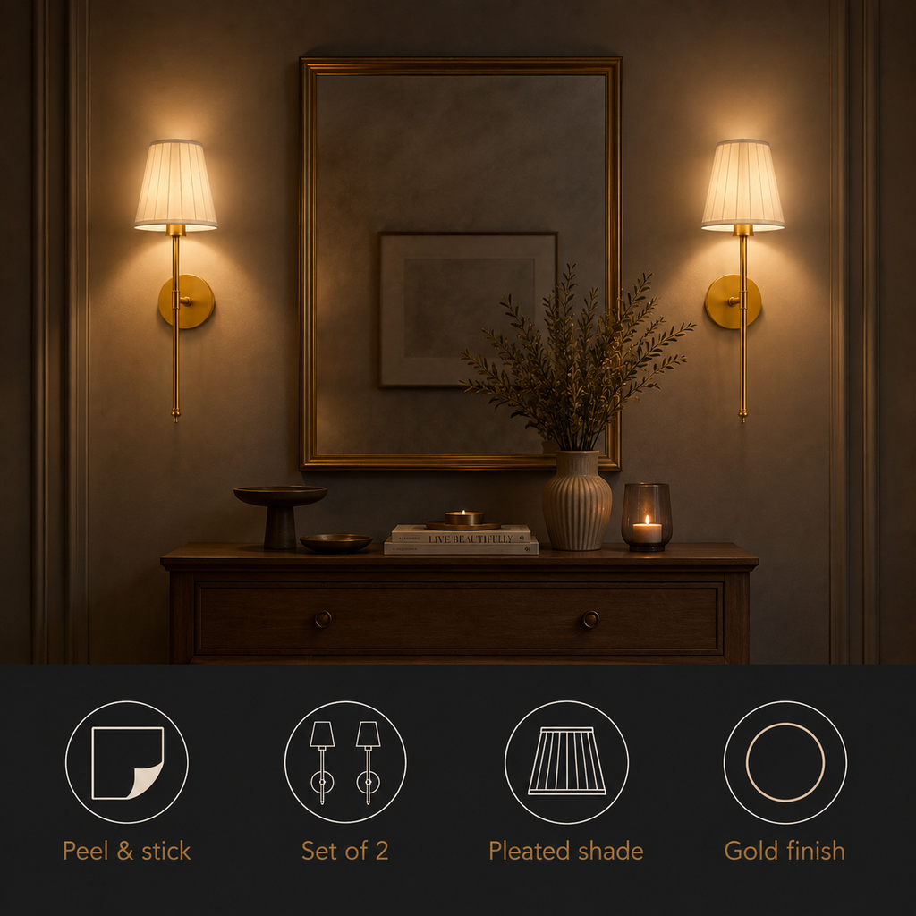 Pair of illuminated gold wall sconces with white pleated shades above bedside tables.