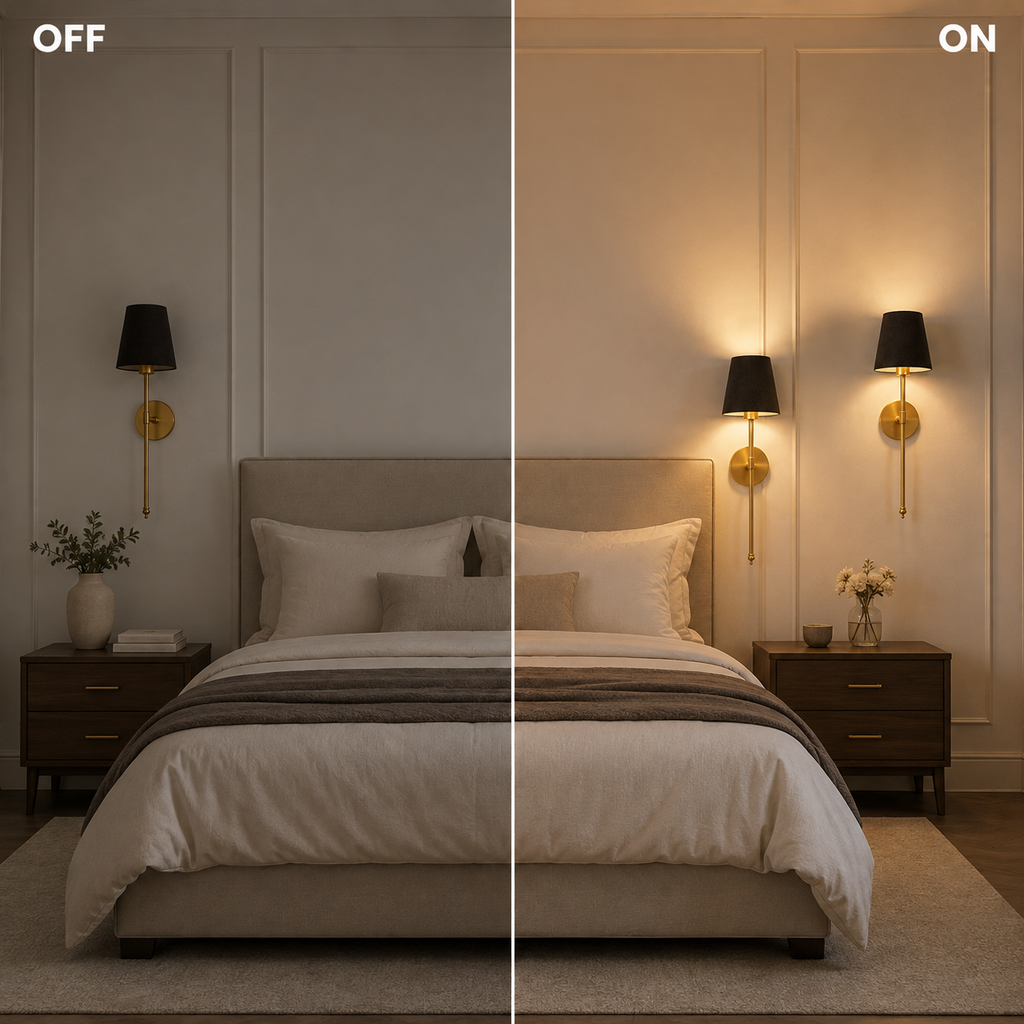 Bedroom comparison showing gold wall sconces with black shades switched off and on.